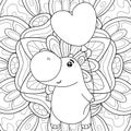 Adult coloring book,page a kawaii hippo on the abstract floral background image for relaxing.Zen art style illustration for print