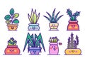 Kawaii houseplants in pots with happy faces set