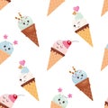 Kawaii ice cream cone seamless pattern background. Pastel colors. Isolated on white.