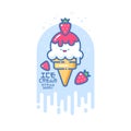 Kawaii ice cream and strawberries illustration. Cute ice cream with smile. Royalty Free Stock Photo