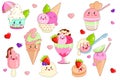 Kawaii Ice Cream in Waffle Cones, Dish, Spoon.