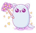 Kawaii illustration of a cute fat cat holding a toy with flowers in her hand.Illustration