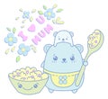 Kawaii illustration of cute mother bear and her son with plate of cornflakes and spoon.Lettering with flowers and leaves. Royalty Free Stock Photo