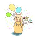 Kawaii illustration of cute mother rabbit and her son with balloons and flowers