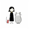 Kawaii Illustration Of A Girl Holding A Cat In Minimalist Style