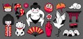 Kawaii japanese geisha girl, sumo wrestler, maneki-neko, koi carps, onigiri and sushi. Royalty Free Stock Photo