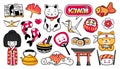 Kawaii japanese girl, maneki-neko, carps, origami, fuji, sushi, manga, ginko leaf, taiyaki fish. Set of cartoon stickers