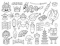 Kawaii japanese symbols and cartoon characters. Asian culture outline elements. Japan, sumo wrestler, cute sushi
