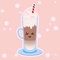 Kawaii Late or cappuccino coffee. Cute cafe drinks. Vector coffee cups with happy face.