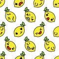 Kawaii lemon with cute black eyes seamless pattern kawaii fruit with emotional faces seamless pattern