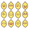Kawaii lemon with different emotions. Big set of vector illustrations isolated on white background Royalty Free Stock Photo