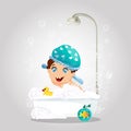 Kawaii Little Boy in Washing Hat Bathing in Shower Royalty Free Stock Photo