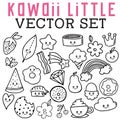 Kawaii Little Vector Set with strawberries, butterflies, stars, ice cream, bowls, apples, pears, donuts, and watermelon faces.