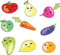 Kawaii live vegetables and fruits with faces - eyes and smile,