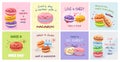 Kawaii macaron cards. French dessert bakery posters with cute macarons characters and slogans vector illustration set