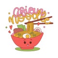 Kawaii Mascot asian noodle character. Cartoon cute ramen noodles bowl. Japanese food. Hand drawn vector contour