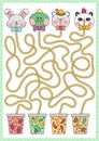 Kawaii maze for kids. Preschool printable activity with cute animals drinking bubble tea with different tastes. Labyrinth game or