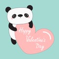 Kawaii panda baby bear. Happy Valentines Day. Cute cartoon character holding big pink heart. Royalty Free Stock Photo