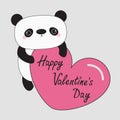 Kawaii panda baby bear. Happy Valentines Day. Cute cartoon character holding big pink heart. Royalty Free Stock Photo