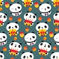 Kawaii panda birthday vector seamless pattern background. Cute backdrop with cartoon bears holding cakes, balloons Royalty Free Stock Photo