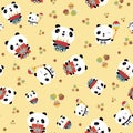 Kawaii panda birthday vector seamless pattern background. Cute backdrop with laughing cartoon bears holding cakes Royalty Free Stock Photo