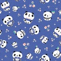 Kawaii panda birthday vector seamless pattern background. Cute backdrop with laughing cartoon bears holding cakes Royalty Free Stock Photo