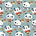 Kawaii panda birthday vector seamless pattern background. Cute backdrop with laughing cartoon bears holding cakes Royalty Free Stock Photo