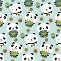 Kawaii panda birthday vector seamless pattern background. Cute backdrop with laughing cartoon bears holding cakes Royalty Free Stock Photo