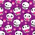 Kawaii panda birthday vector seamless pattern background. Cute backdrop with laughing cartoon bears holding cakes Royalty Free Stock Photo