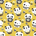 Kawaii panda birthday vector seamless pattern background. Cute backdrop with laughing cartoon bears holding cakes Royalty Free Stock Photo