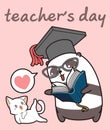 Kawaii panda and cat in the world teacher`s day
