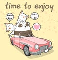 Kawaii panda is driving a pink car with 2 cats