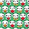 Kawaii panda and fruit seamless vector pattern background. Backdrop with rows of cartoon bears holding apples, bananas