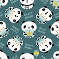 Kawaii panda Happy Birthday text vector seamless pattern background. Cute backdrop with laughing cartoon bears holding Royalty Free Stock Photo