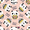 Kawaii panda Happy Birthday text vector seamless pattern background. Cute backdrop with laughing cartoon bears holding Royalty Free Stock Photo