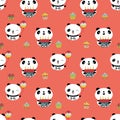 Kawaii panda Happy Birthday vector seamless pattern background. Cute backdrop with laughing cartoon bears holding cakes Royalty Free Stock Photo