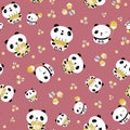 Kawaii panda Happy Birthday vector seamless pattern background. Cute backdrop with laughing cartoon bears holding cakes Royalty Free Stock Photo
