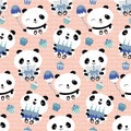 Kawaii panda Happy Birthday vector seamless pattern background. Cute backdrop with laughing cartoon bears holding cakes Royalty Free Stock Photo