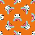 Kawaii panda rainbow seamless vector pattern background. Backdrop with cute black and white sitting cartoon bears