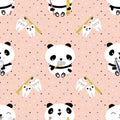 Kawaii panda and teeth kids dental health care vector educational seamless pattern background. Cute cartoon bears