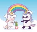 Kawaii panda and unicorn with cactus and rainbow cartoon magical fantasy