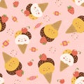 Kawaii pattern, kawaii food ice cream cone seamless pattern. Pink pattern, summer sweet background. Cute smiling ice creams, Royalty Free Stock Photo