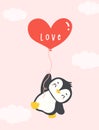 kawaii penguin holding heart balloons cartoon, cute Valentine animal character illustration