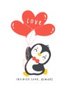 kawaii penguin holding heart balloons cartoon, cute Valentine animal character illustration