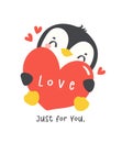 Kawaii penguin holding red heart cartoon drawing, cute Valentine animal character illustration, playful hand drawn festive love