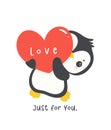 Kawaii penguin holding red heart cartoon drawing, cute Valentine animal character illustration, playful hand drawn festive love