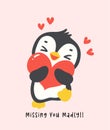 kawaii penguin with red heart cartoon, cute Valentine animal character illustration, playful hand drawn festive love graphic
