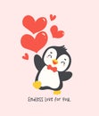 Kawaii penguin with red hearts cartoon, cute Valentine animal character illustration, playful hand drawn festive love graphic