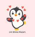 kawaii penguin with red hearts garland cartoon, cute Valentine animal character illustration, playful hand drawn festive love