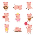 Kawaii pigs. Funny baby pig in mud, piggy eating and running. Cartoon swine vector character Royalty Free Stock Photo